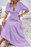 Plain Texture V Neck Hollow Out Waist Ruffles Maxi Dress