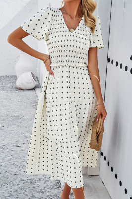 Jacquard Spot V Neck Shirred Ruffles Maxi Dress
