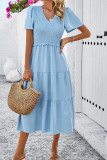 Jacquard Spot V Neck Shirred Ruffles Maxi Dress