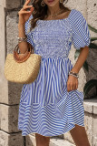 Blue Stripes Splicing Bubble Sleeves Dress