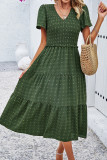 Jacquard Spot V Neck Shirred Ruffles Maxi Dress
