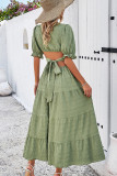 Plain Texture V Neck Hollow Out Waist Ruffles Maxi Dress