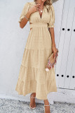 Plain Texture V Neck Hollow Out Waist Ruffles Maxi Dress