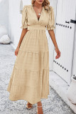 Plain Texture V Neck Hollow Out Waist Ruffles Maxi Dress