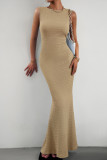 Plain Texture Fish Tail Sleeveless Maxi Dress