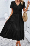 Jacquard Spot V Neck Shirred Ruffles Maxi Dress