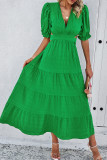 Plain Texture V Neck Hollow Out Waist Ruffles Maxi Dress