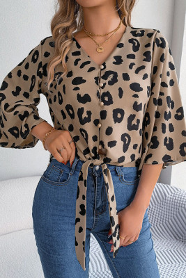 Leopard Print V Neck Buttoned Front Tie Blouse