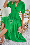 Plain Texture V Neck Hollow Out Waist Ruffles Maxi Dress