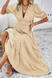 Plain Texture V Neck Hollow Out Waist Ruffles Maxi Dress