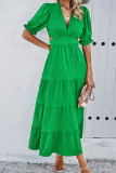 Plain Texture V Neck Hollow Out Waist Ruffles Maxi Dress
