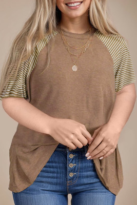 Light French Beige Striped Raglan Sleeve Crewneck Plus Size T Shirt
