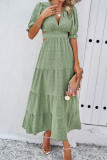 Plain Texture V Neck Hollow Out Waist Ruffles Maxi Dress