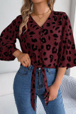 Leopard Print V Neck Buttoned Front Tie Blouse