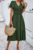 Jacquard Spot V Neck Shirred Ruffles Maxi Dress