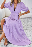 Plain Texture V Neck Hollow Out Waist Ruffles Maxi Dress