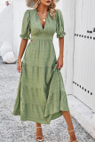 Plain Texture V Neck Hollow Out Waist Ruffles Maxi Dress