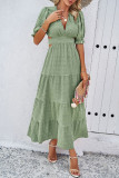 Plain Texture V Neck Hollow Out Waist Ruffles Maxi Dress