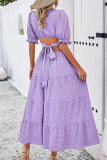 Plain Texture V Neck Hollow Out Waist Ruffles Maxi Dress