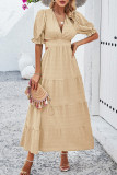 Plain Texture V Neck Hollow Out Waist Ruffles Maxi Dress