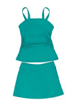 Green Solid Square Neck Sleeveless Tankini Swimsuit