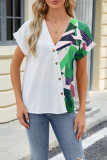 Color Block V Neck Buttoned Short Sleeves Top