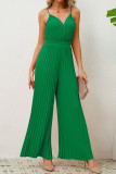 Plain V Neck Pleated Spaghetti Strap Jumpsuit
