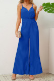 Plain V Neck Pleated Spaghetti Strap Jumpsuit