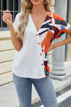 Color Block V Neck Buttoned Short Sleeves Top