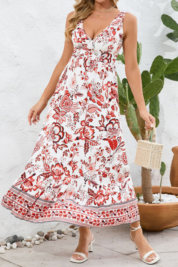 V Neck Plunge Sleeveless Floral Maxi Dress