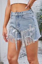 Rhinestone Ripped Tassle Denim Shorts