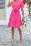 Plain Crew Neck Pleated Midi Dress