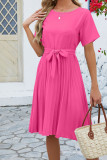 Plain Crew Neck Pleated Midi Dress