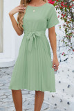 Plain Crew Neck Pleated Midi Dress