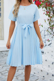 Plain Crew Neck Pleated Midi Dress