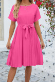 Plain Crew Neck Pleated Midi Dress
