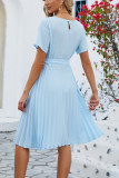 Plain Crew Neck Pleated Midi Dress