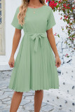 Plain Crew Neck Pleated Midi Dress