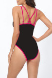 Plain V Neck Strappy High Waist One Piece Swimsuit
