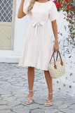 Plain Crew Neck Pleated Midi Dress