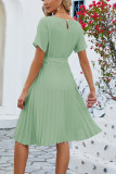 Plain Crew Neck Pleated Midi Dress