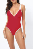 Plain V Neck Strappy High Waist One Piece Swimsuit