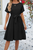 Plain Crew Neck Pleated Midi Dress