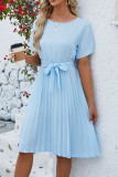 Plain Crew Neck Pleated Midi Dress