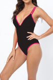 Plain V Neck Strappy High Waist One Piece Swimsuit