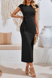 Plain Waist Tie Smocked Bodycon Dress