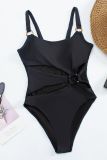 Plain Hollow Out Waist High Cut One Piece Swimsuit
