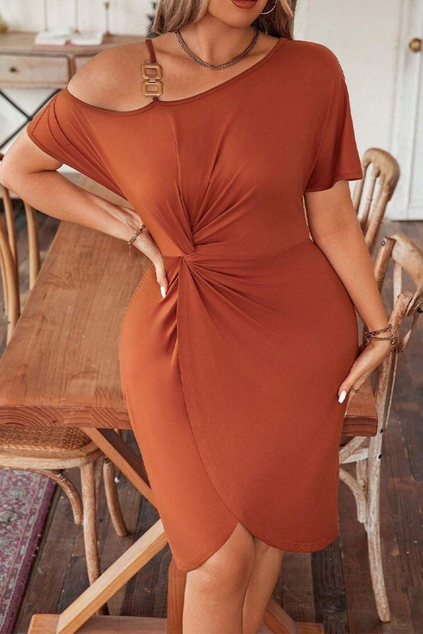 Brown Twist Knot Buckle Plus Size Dress