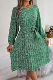 Crew Neck Lantern Sleeves Pleated Floral Dress