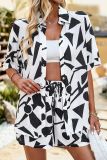 Abstract Print Button Up Blouse With Shorts 2pcs Set